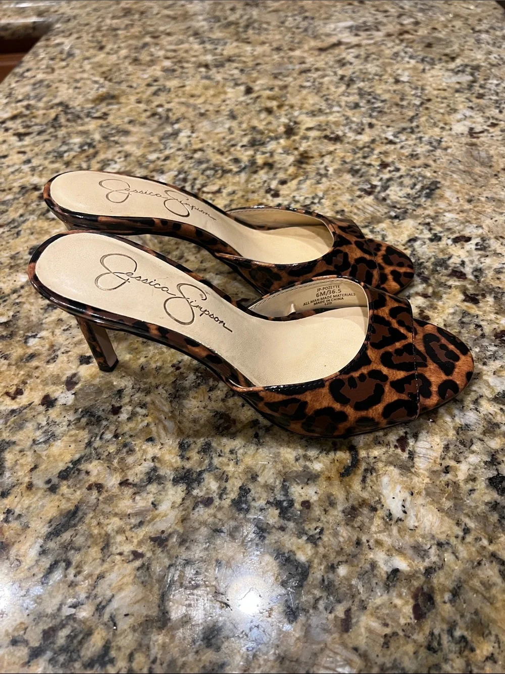 Jessica Simpson Leopard Print Patent Slide Mules - Brown & Black